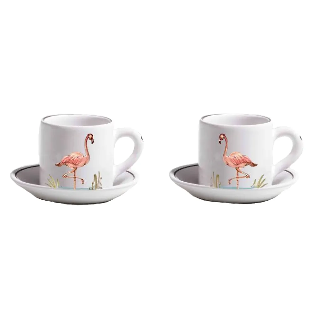 Z.d.G. Dinnerware|Animaux de la Savane Pair of Espresso Cups & Saucers, Flamingo