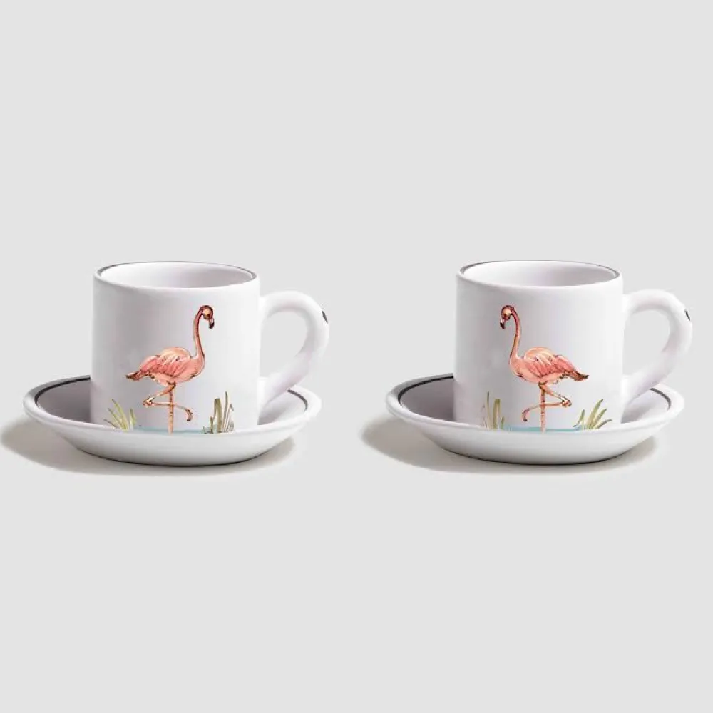Z.d.G. Dinnerware|Animaux de la Savane Pair of Espresso Cups & Saucers, Flamingo
