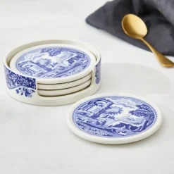 Spode Dinnerware|Blue Italian 4-Piece Ceramic Coaster Set with Holder