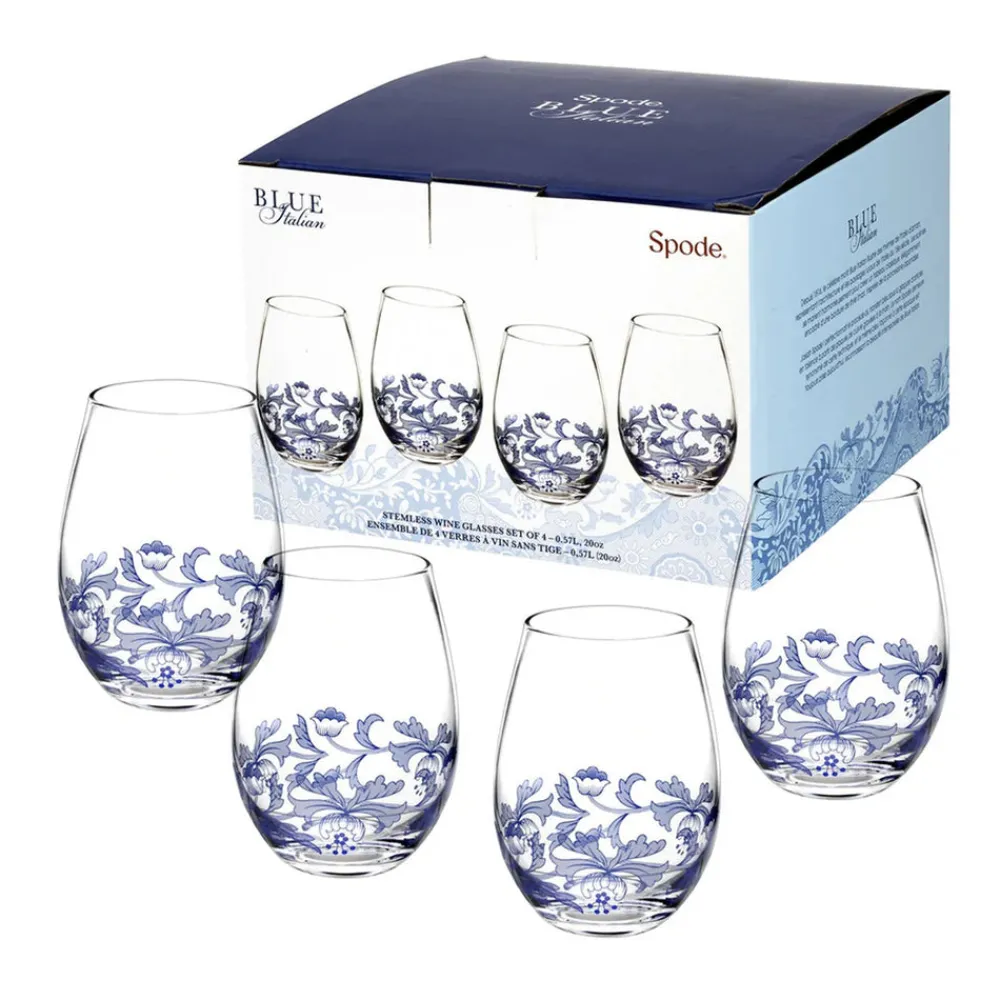 Spode Glassware|Blue Italian Stemless Glasses, Set of 4