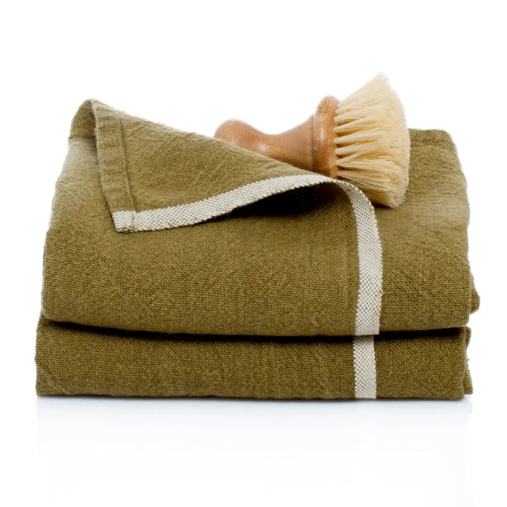 Caravan Place Settings & Linens|Chunky Linen Towels in Moss Green, Set of 2