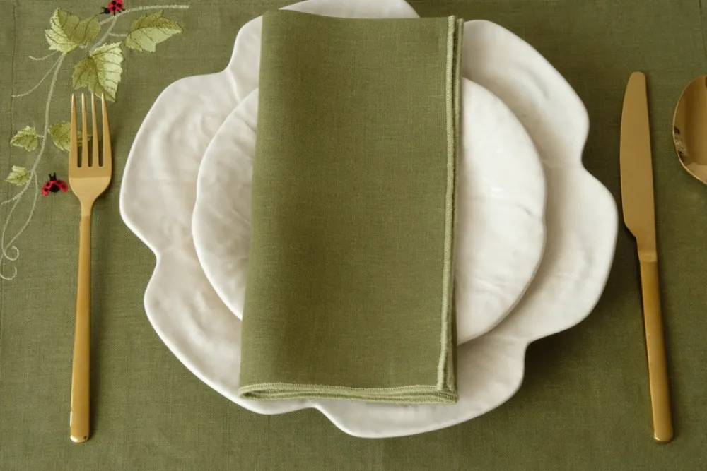 TriChi Design Place Settings & Linens|Cimen Napkin with Green Small Trim, Set of 4