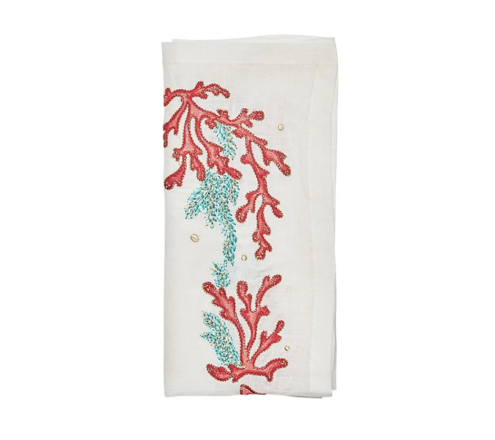Kim Seybert Place Settings & Linens|Coral Spray Napkin in White, Coral & Turquoise, Set of 4