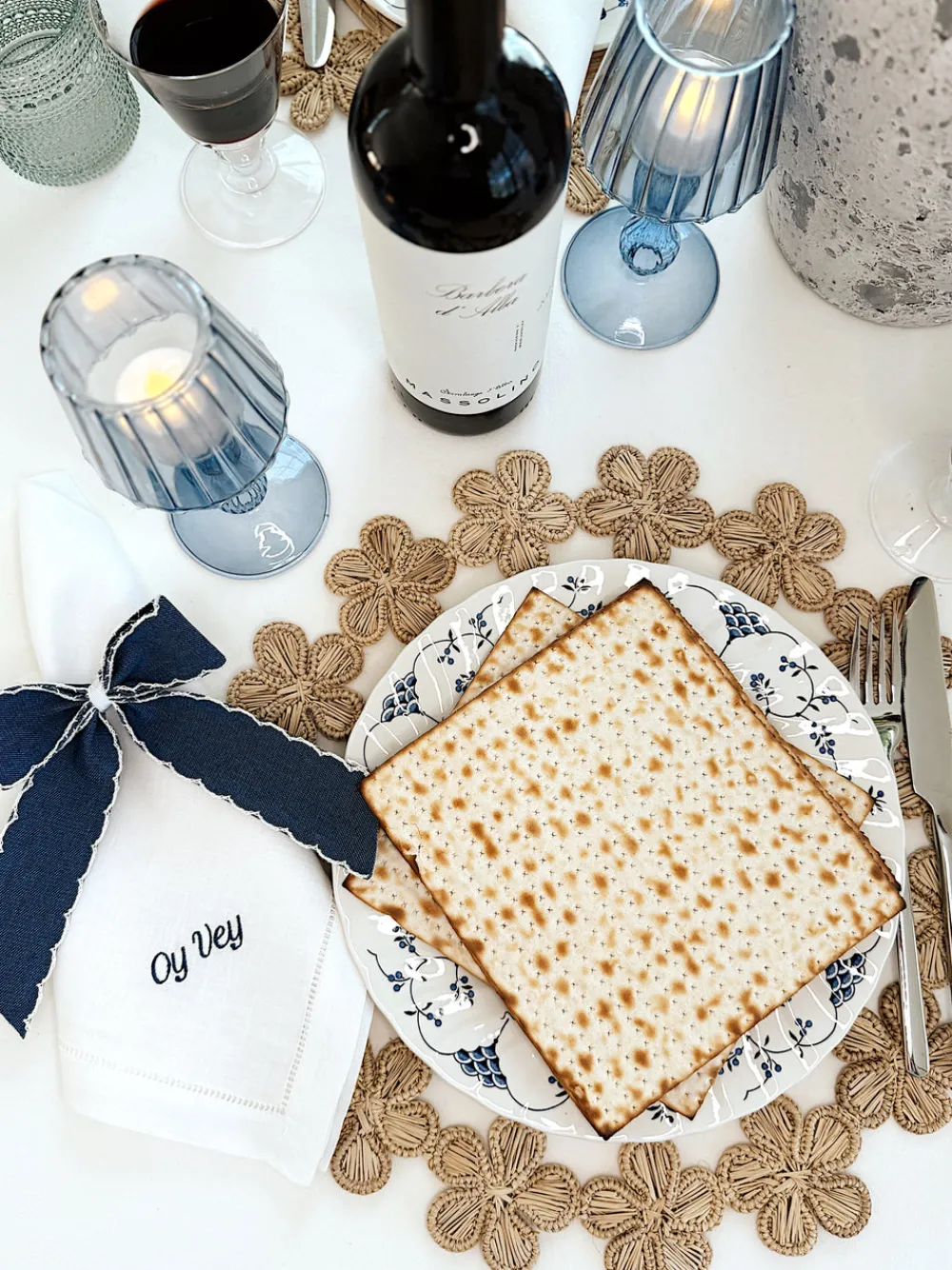 No Reservations Place Settings & Linens|Denim Napkin Bow in Denim with White Scalloped Edge