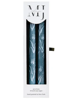 MJ Tablescapes Candles|Dusty Blue Tulip Hand-Painted Taper Candles, Set of Two