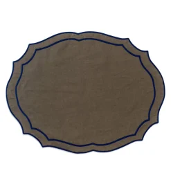 Loulou La Dune Place Settings & Linens|Emma Linen Placemat in Forest Green with Navy Embroidery