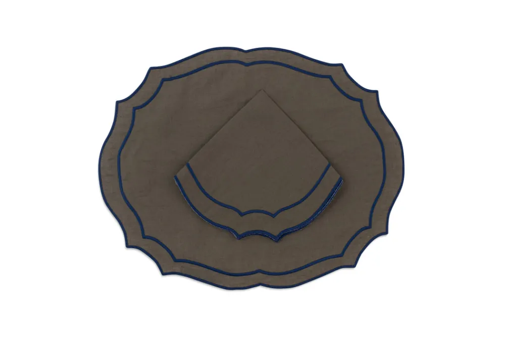 Loulou La Dune Place Settings & Linens|Emma Linen Placemat in Forest Green with Navy Embroidery