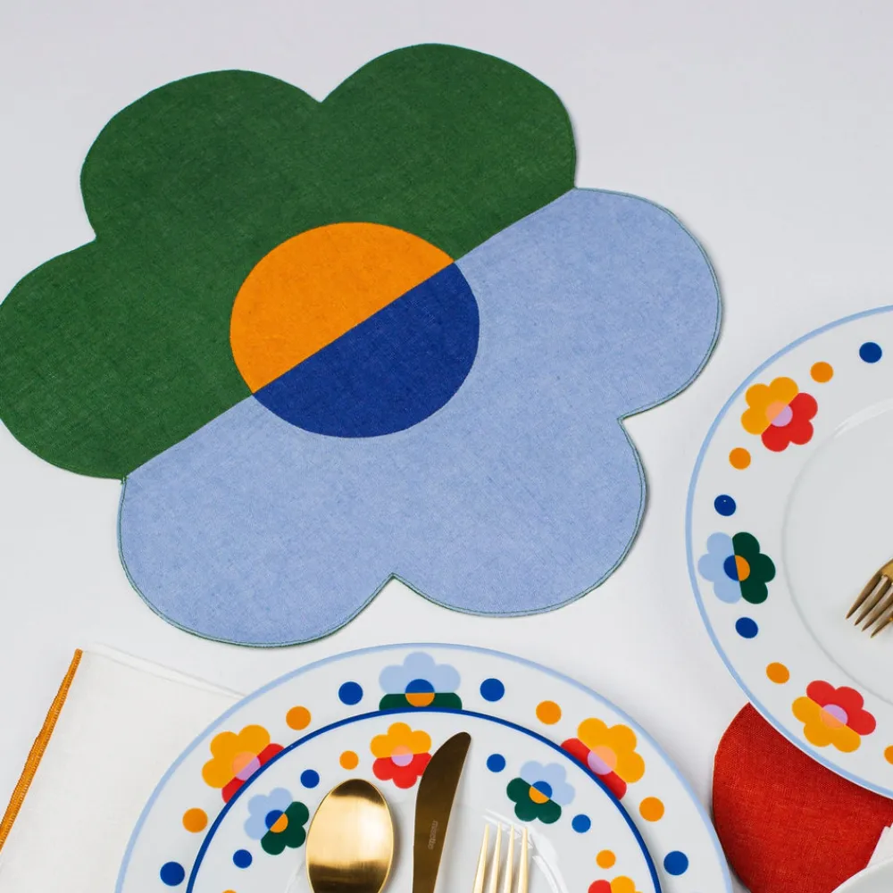 Misette Place Settings & Linens|Floral Linen Patchwork Placemats in Green/Blue, Set of 4