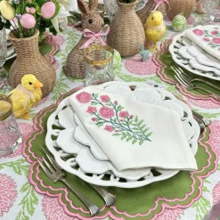 Flying Sheep Country Place Settings & Linens|Flowers & Vines Tablecloth in Pink and Green