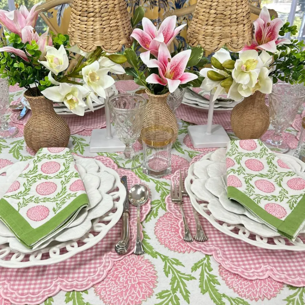 Flying Sheep Country Place Settings & Linens|Flowers & Vines Tablecloth in Pink and Green