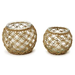 Two's Company Candles|Glass Candle Holder with Hand-Woven Paper Wrap Lattice, Set of 2