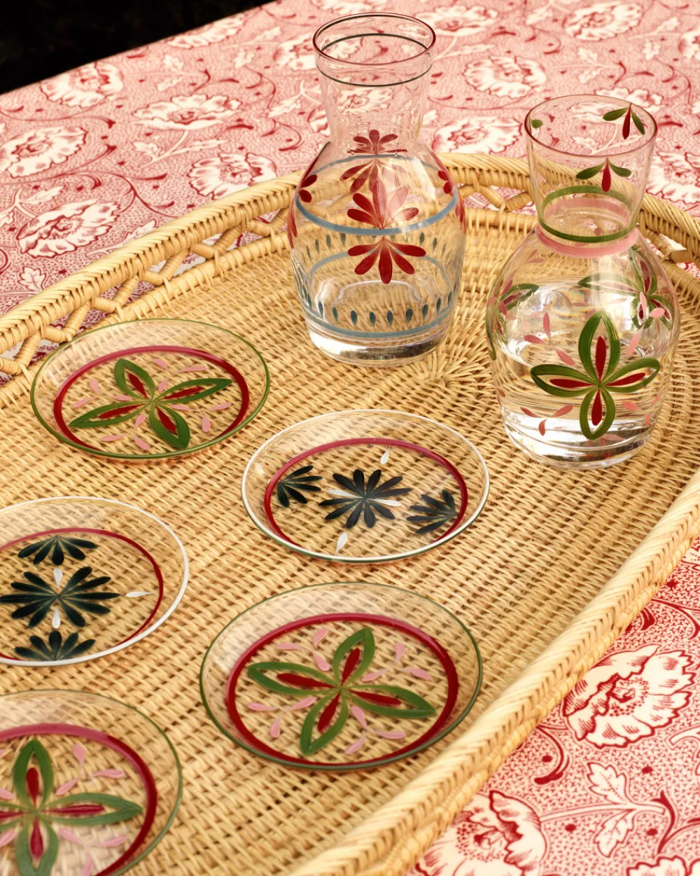 Cabana Glassware|Hand Painted Carafe, Blue and Red