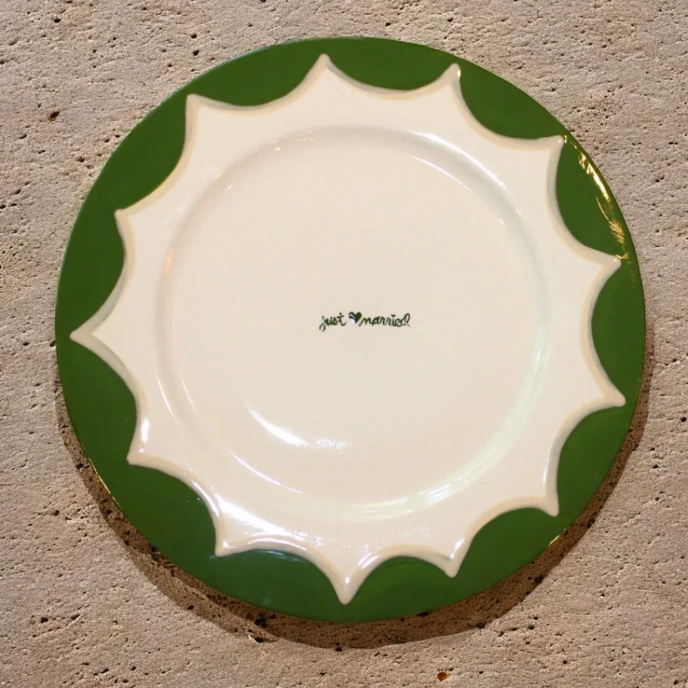 Caitlin Rounds Antiques Dinnerware|Hand-painted “Just Married” Scalloped Cake Plate