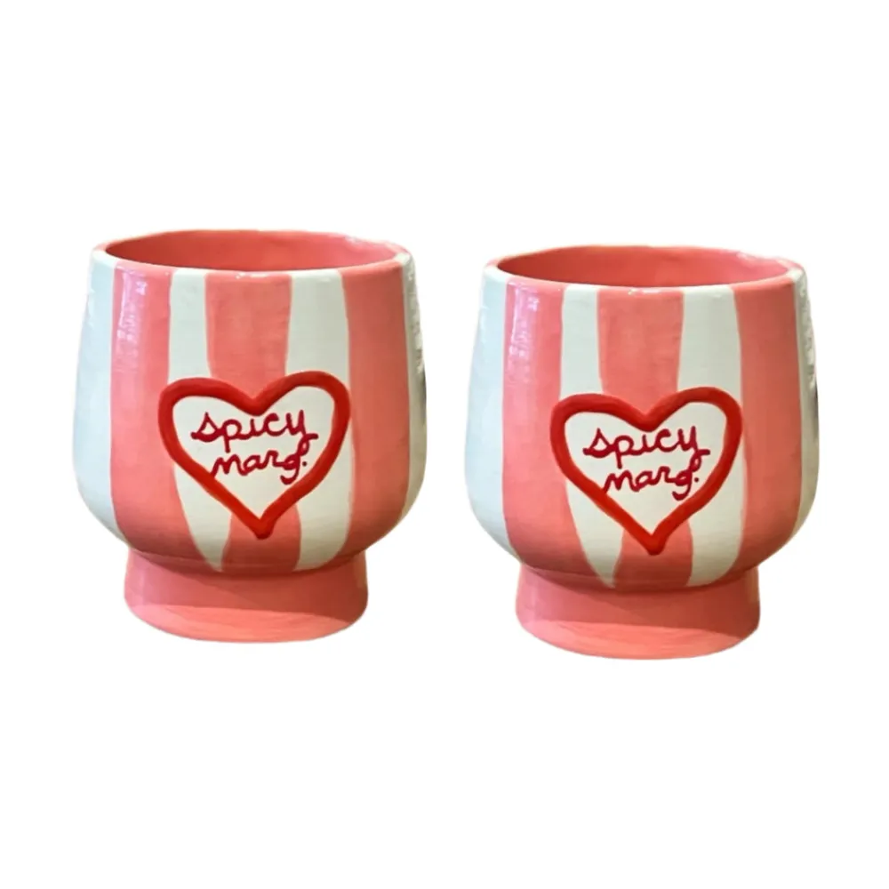 Caitlin Rounds Antiques Glassware|Hand-painted Striped “Spicy Margs” Cups, Set of 2