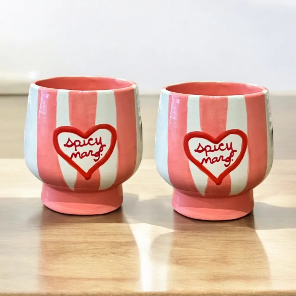 Caitlin Rounds Antiques Glassware|Hand-painted Striped “Spicy Margs” Cups, Set of 2