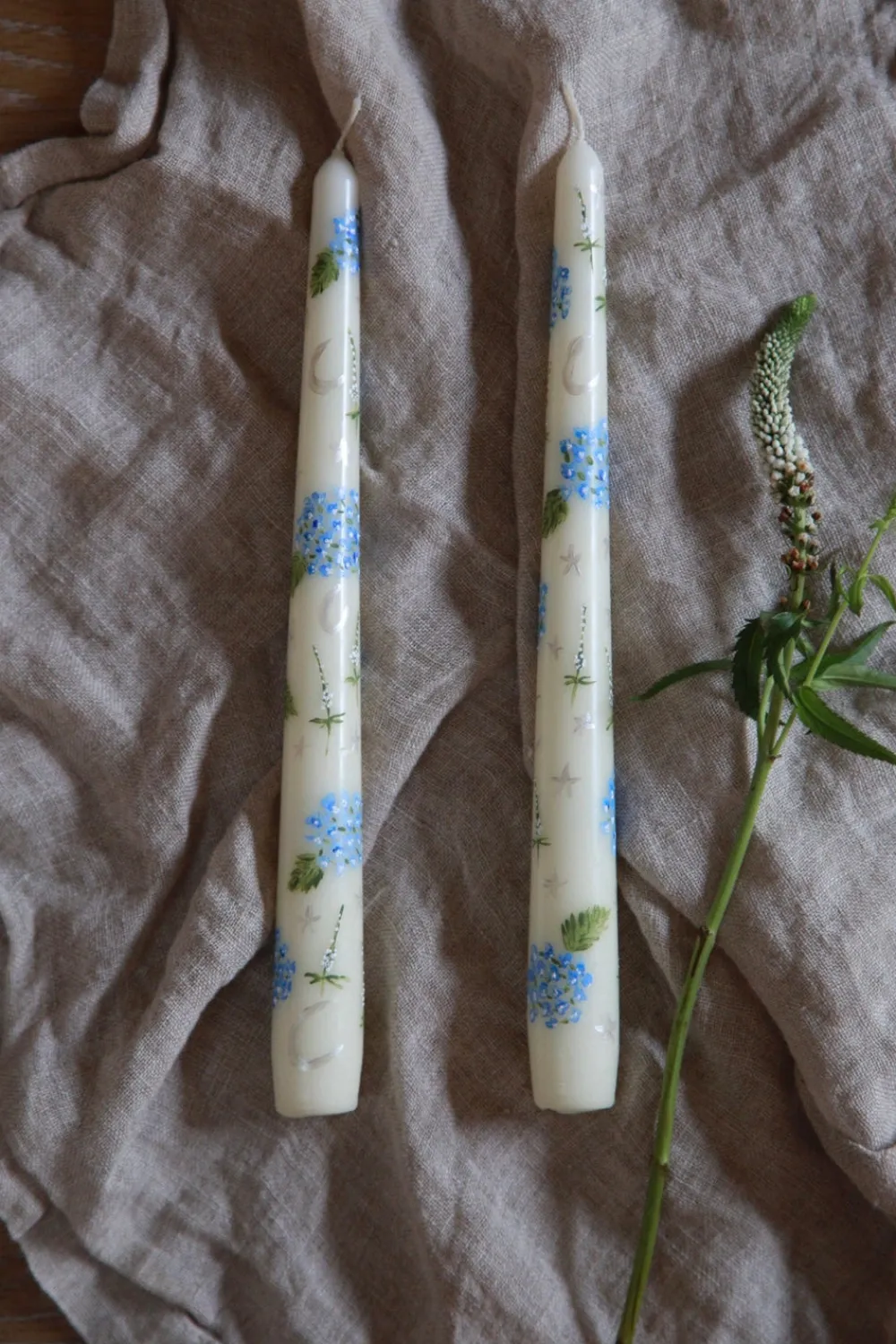 MJ Tablescapes Candles|Ivory Evening Hydrangeas Hand-Painted Taper Candles, Set of Two