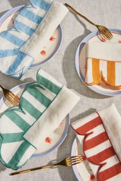 Misette Place Settings & Linens|Jardin Embroidered Linen Scalloped Stripe Napkins in Green, Set of 4