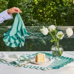 Misette Place Settings & Linens|Jardin Embroidered Linen Scalloped Stripe Placemats with Color Backing, Set of 4