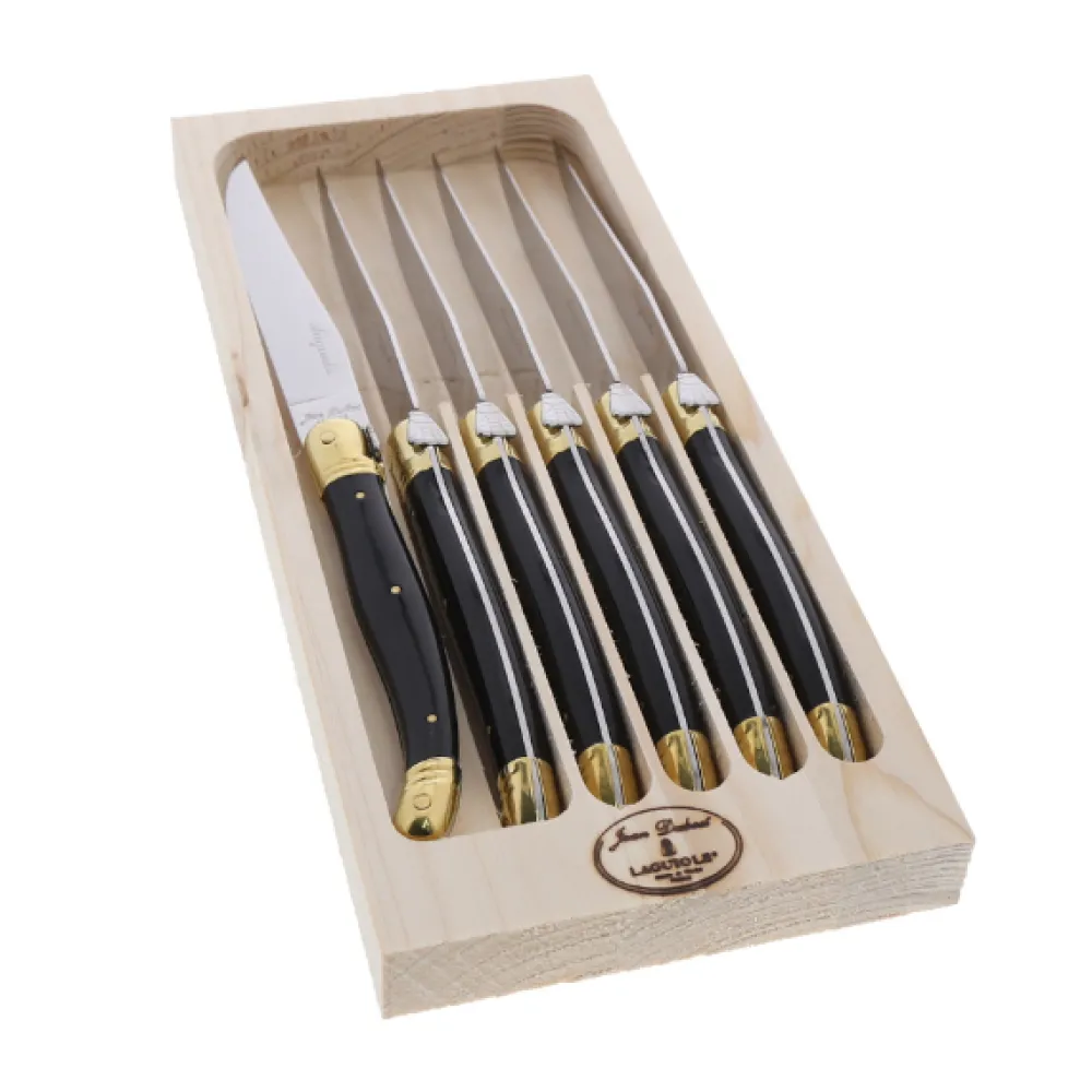 Jean Dubost Laguiole Flatware|Knives in a Tray in Black & Brass, Set of 6
