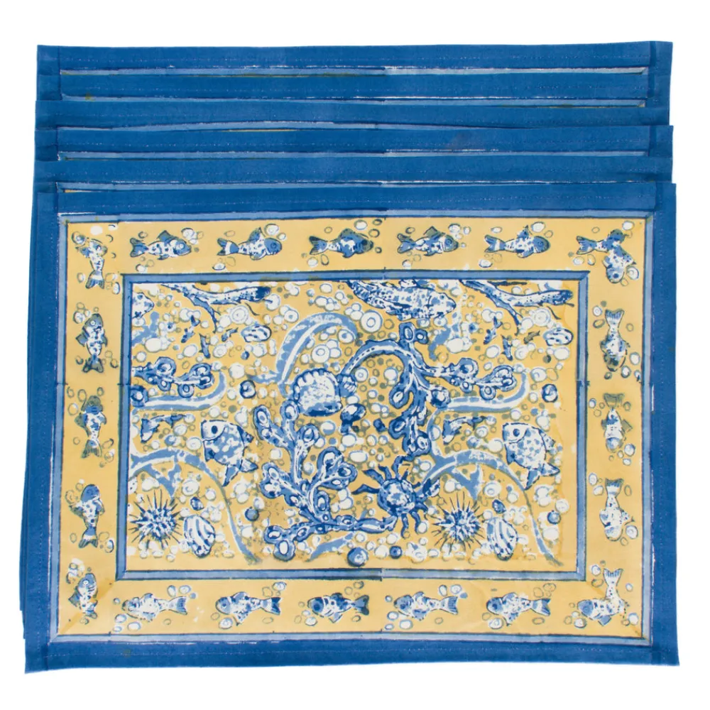 Couleur Nature Place Settings & Linens|La Mer Mats in Blue & Yellow, Set of 6
