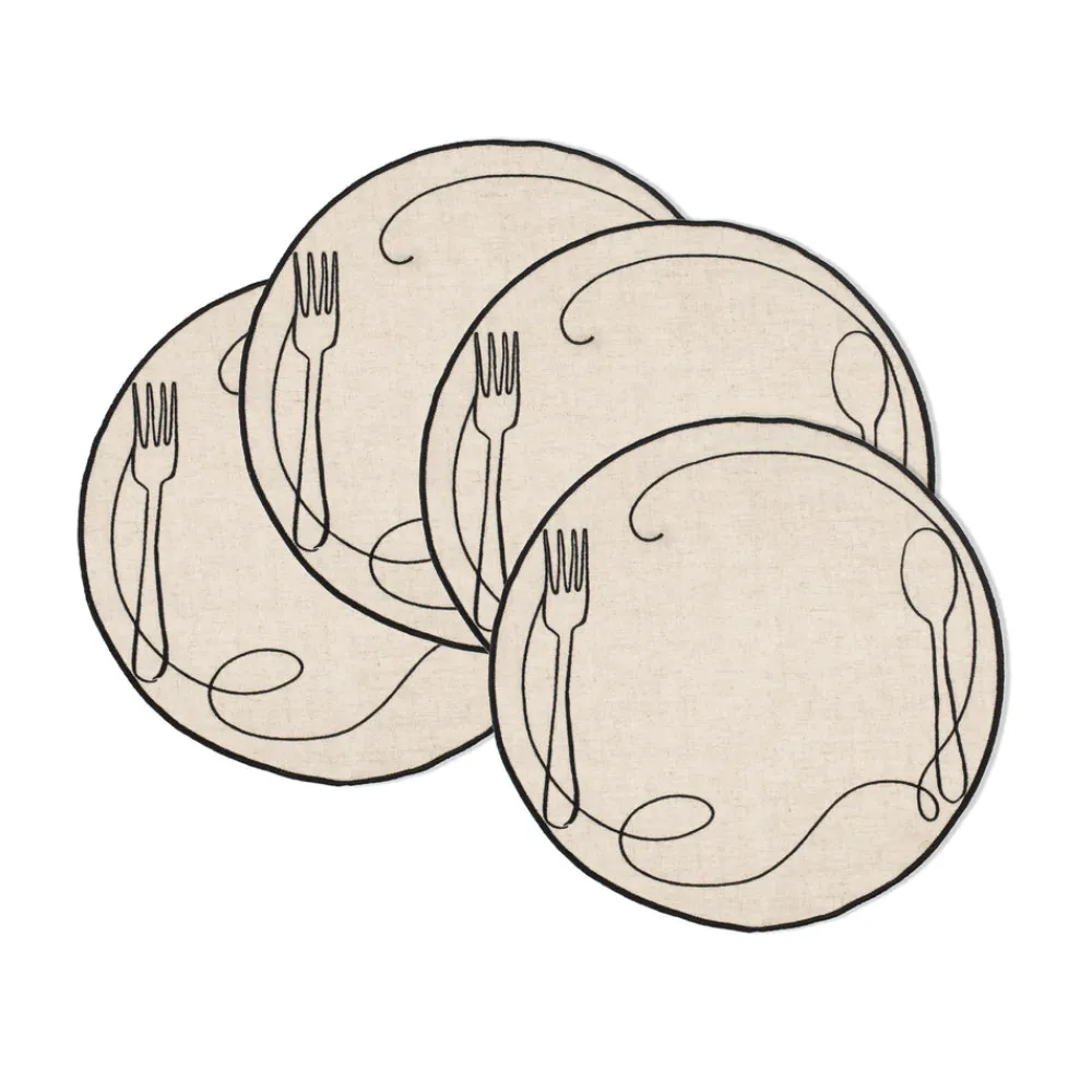 Misette Place Settings & Linens|Line Drawing Embroidered Linen Placemats, Set of 4