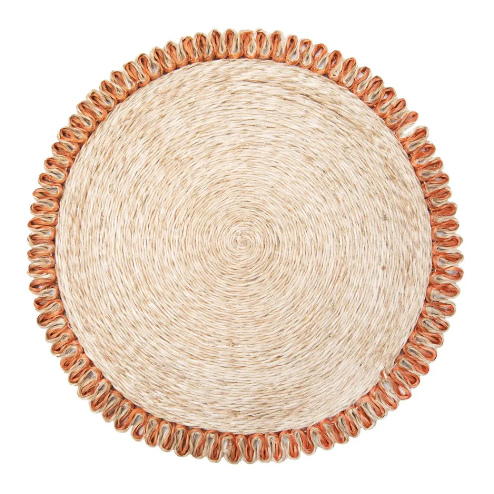 Caravan Place Settings & Linens|Loopy Abaca 15" Round Placemat in Natural & Orange, Set of 4