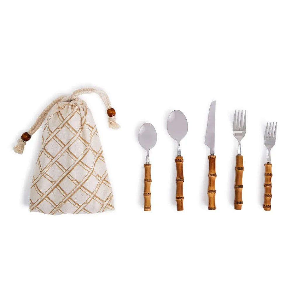 Two's Company Flatware|Natural Bamboo Flatware Service Set in Storage Pouch, Set of 20