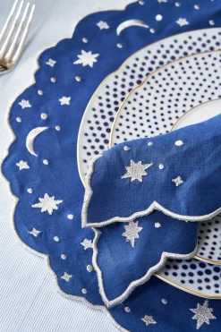 Loulou La Dune Place Settings & Linens|OTM Exclusive: Astral Linen Placemat in Midnight Blue and Silver Embroidery