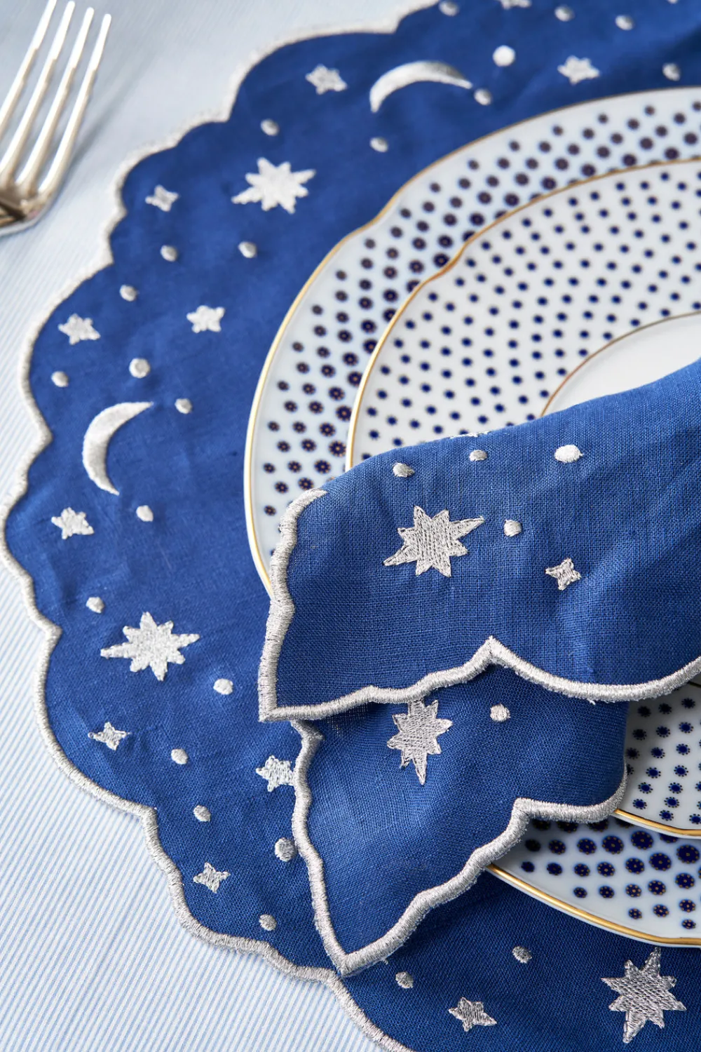 Loulou La Dune Place Settings & Linens|OTM Exclusive: The Astral Linen Napkin in Midnight Blue and Silver Embroidery