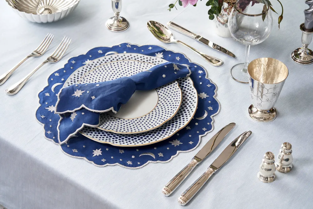Loulou La Dune Place Settings & Linens|OTM Exclusive: The Astral Linen Napkin in Midnight Blue and Silver Embroidery