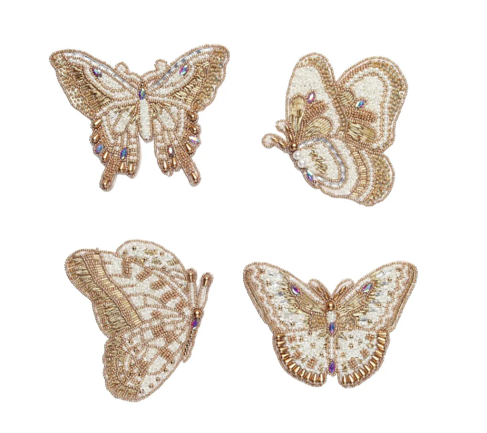 Kim Seybert Place Settings & Linens|Papillon Coasters in Ivory & Gold, Set of 4 in Gift Bag