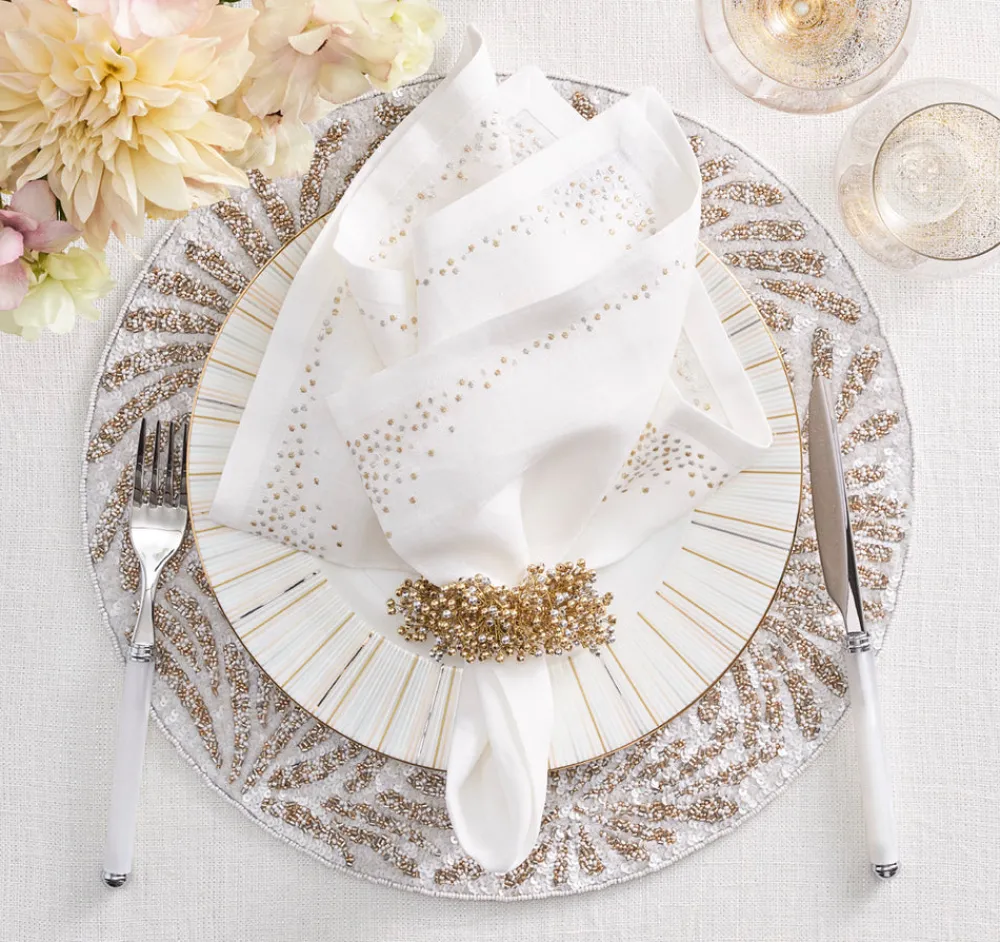 Kim Seybert Place Settings & Linens|Pin Dot Napkin in White & Gold & Silver, Set of 4