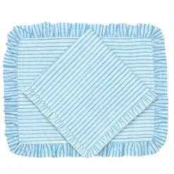 Flying Sheep Country Place Settings & Linens|Quilted Ruffle Placemats in Blue Stripe, Set of 4