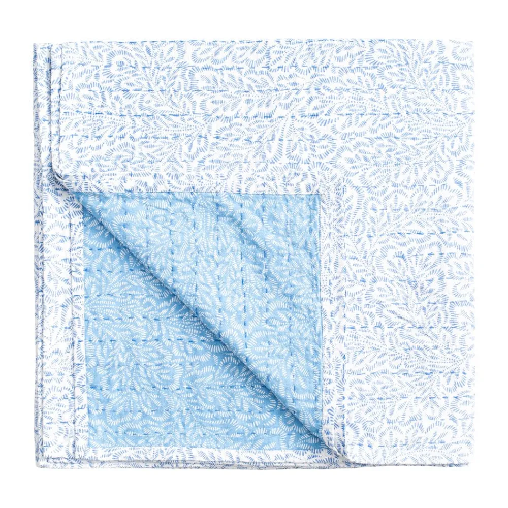 Caspari Place Settings & Linens|Reversible Kantha Table Cover in Blue Block Print Leaves