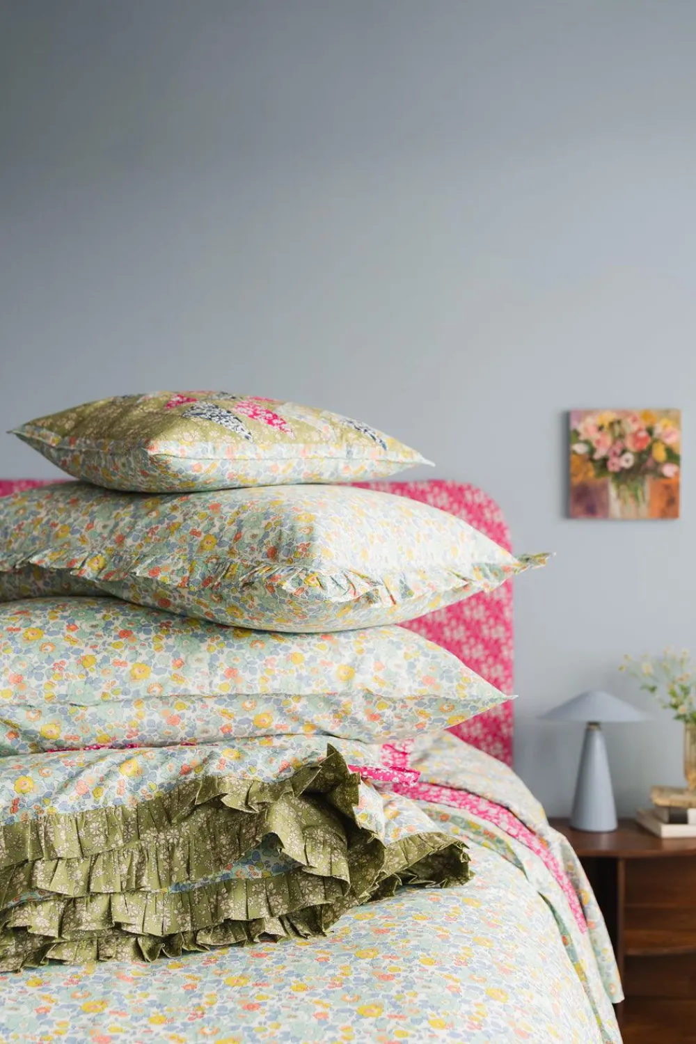 Coco & Wolf Place Settings & Linens|Reversible Ruffle Edge Heirloom Quilt Made With Liberty Fabric in Betsy Sage & Capel Pistachio