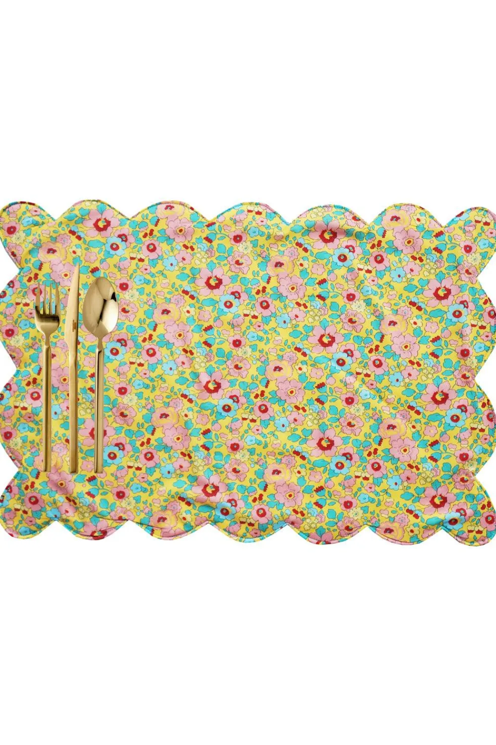 Coco & Wolf Place Settings & Linens|Reversible Scalloped Placemat Made With Liberty Fabric in Betsy Sunflower & Elements Green