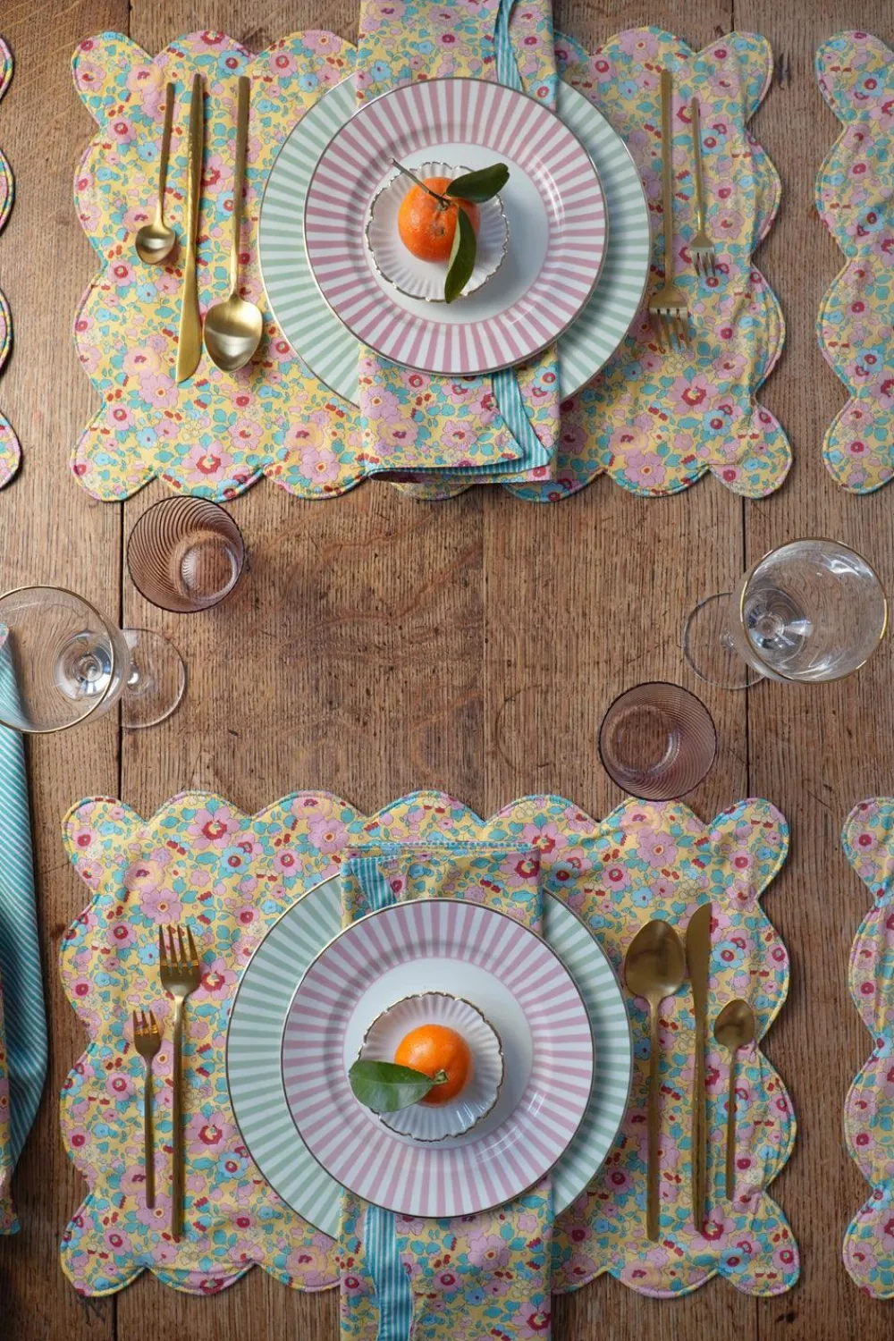 Coco & Wolf Place Settings & Linens|Reversible Scalloped Placemat Made With Liberty Fabric in Betsy Sunflower & Elements Green