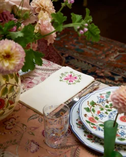 Cabana Place Settings & Linens|Rohida Embroidered Napkins, Pink and Green, Set of 2