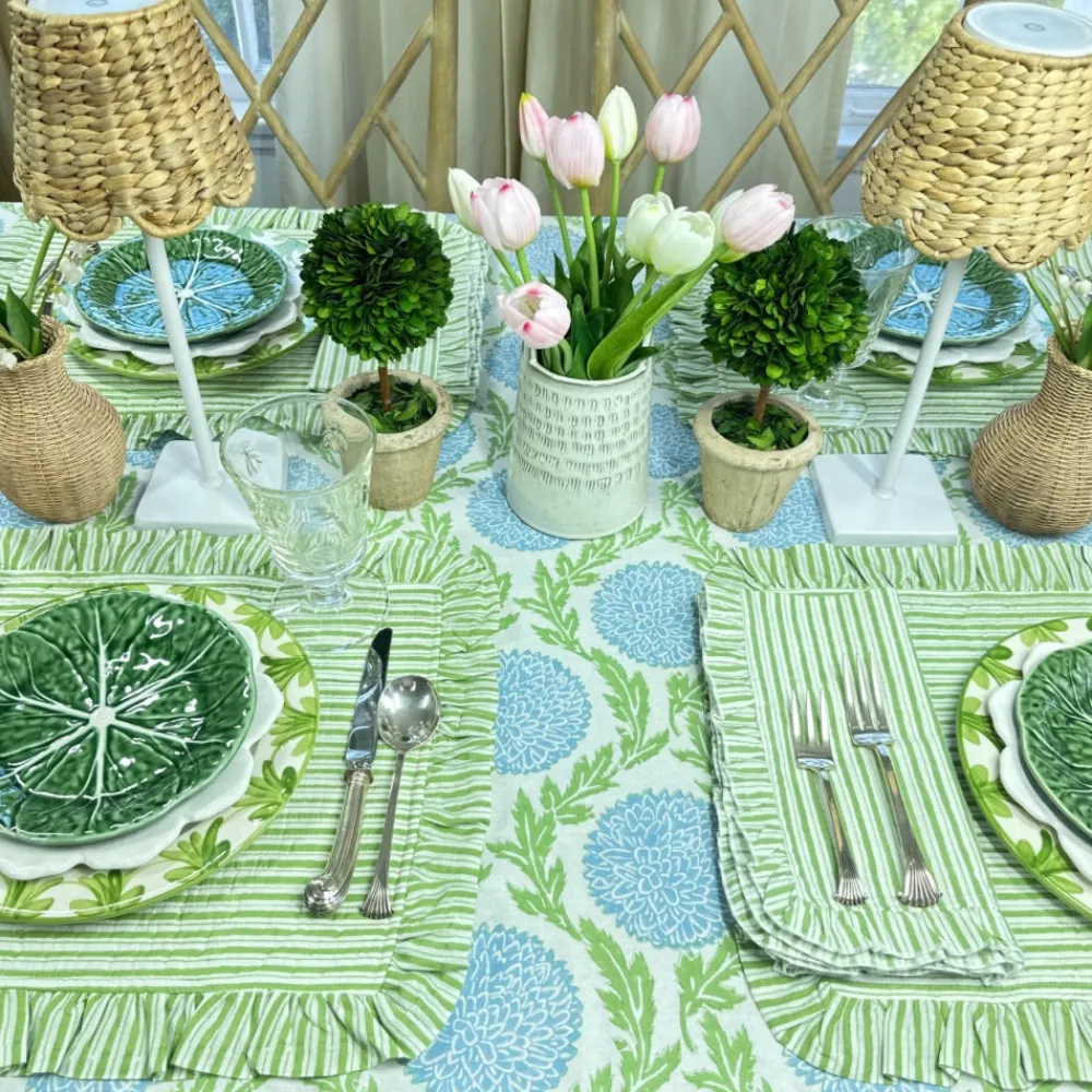 Flying Sheep Country Place Settings & Linens|Ruffle Napkin in Green Stripes, Set of 4