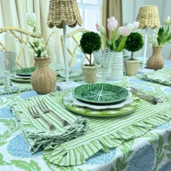 Flying Sheep Country Place Settings & Linens|Ruffle Napkin in Green Stripes, Set of 4