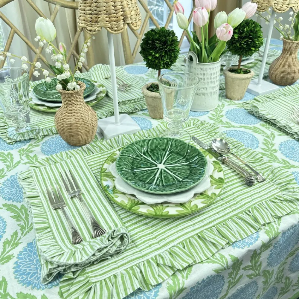 Flying Sheep Country Place Settings & Linens|Ruffle Napkin in Green Stripes, Set of 4