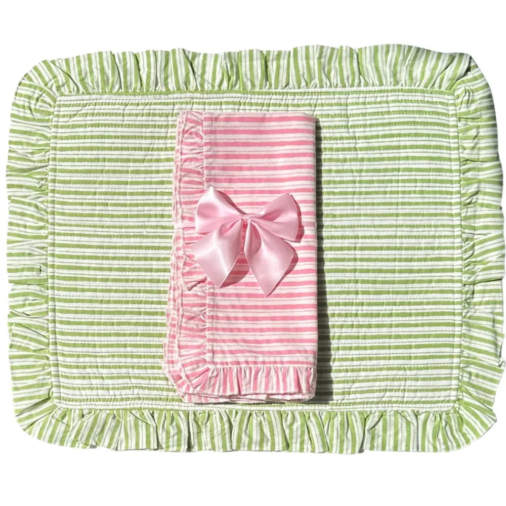 Flying Sheep Country Place Settings & Linens|Ruffle Napkin in Pink Stripes, Set of 4