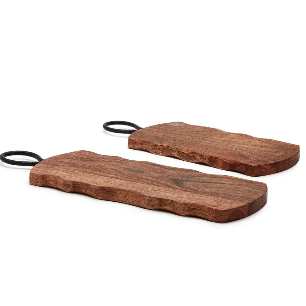 Two's Company Dinnerware|Rustic Edge Serving Boards with Hammered Iron Handle