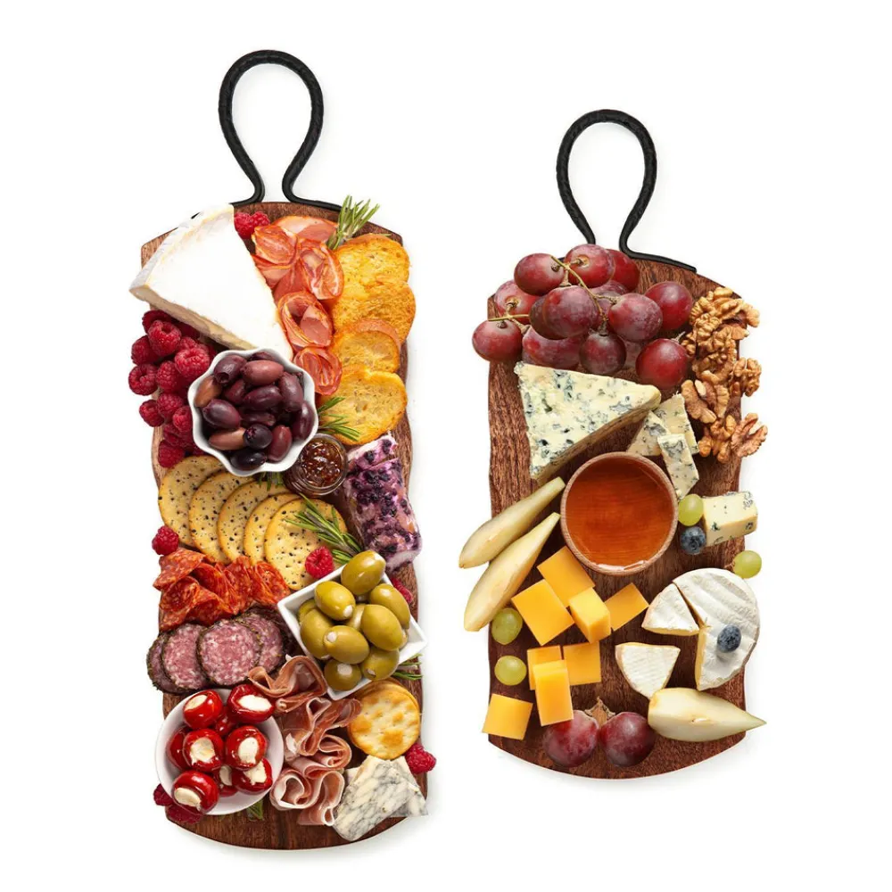 Two's Company Dinnerware|Rustic Edge Serving Boards with Hammered Iron Handle