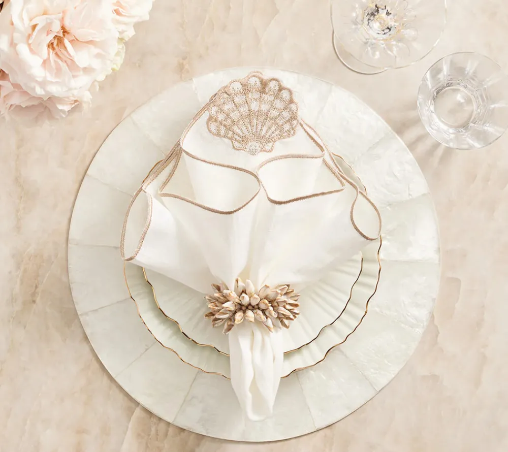 Kim Seybert Place Settings & Linens|Shell Fringe Napkin Ring in Ivory & Brown, Set of 4