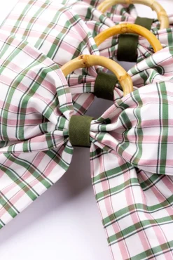 Maria Louise Cottage Place Settings & Linens|Silk Saffron Check Napkin Rings in Green, Set of 4