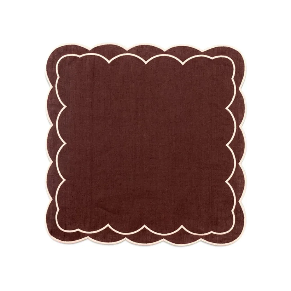 Loulou La Dune Place Settings & Linens|Sofia Linen Brown Napkin with Blooming Dahlia Embroidery