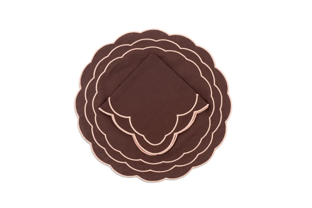 Loulou La Dune Place Settings & Linens|Sofia Linen Brown Napkin with Blooming Dahlia Embroidery
