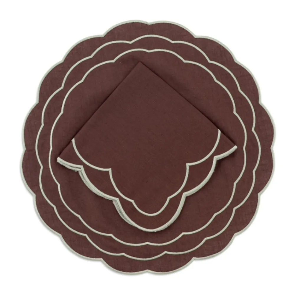 Loulou La Dune Place Settings & Linens|Sofia Linen Brown Placemat with Fern Green Embroidery
