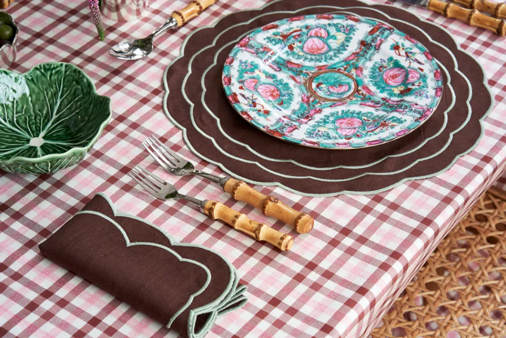 Loulou La Dune Place Settings & Linens|Sofia Linen Brown Placemat with Fern Green Embroidery